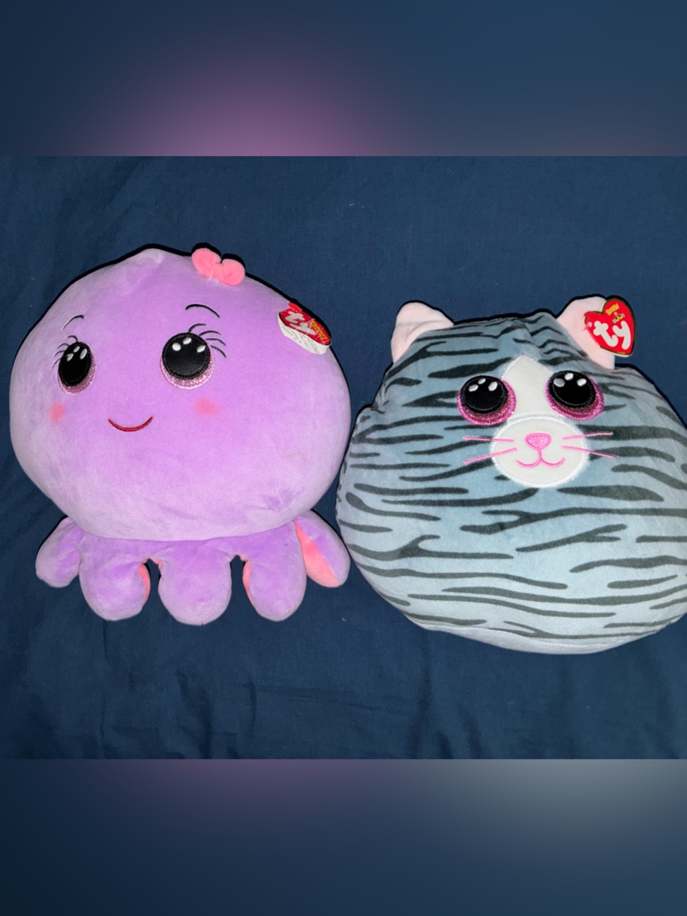 TY Squish-a-Boos Plush Duo — Purple Octopus & Gray Striped Cat